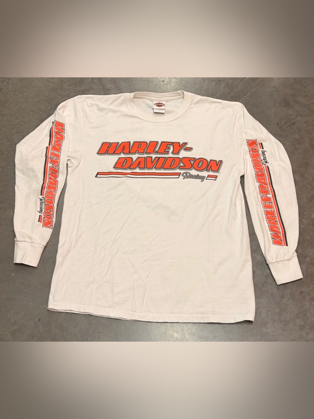 Y2K Harley-Davidson White Long Sleeve Shirt with Orange Logo